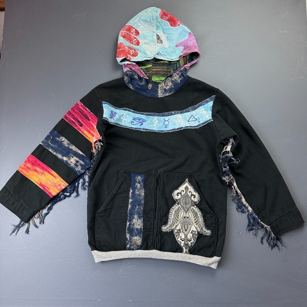 Boho Patchwork Hoodie Men's Size Large Black Multicolor Pullover Fringe Festival